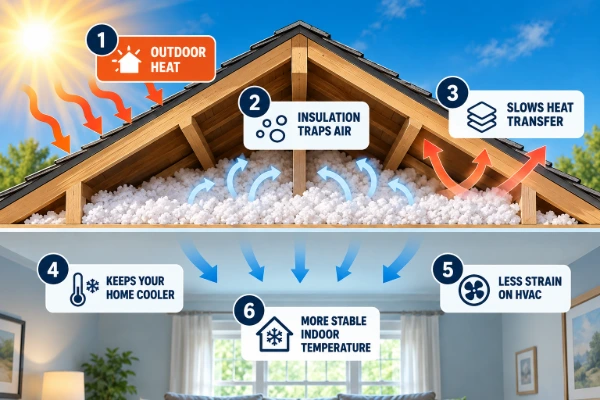 Diagram showing how attic insulation blocks outdoor heat, slows heat transfer, and keeps a home's indoor temperature cooler and more stable