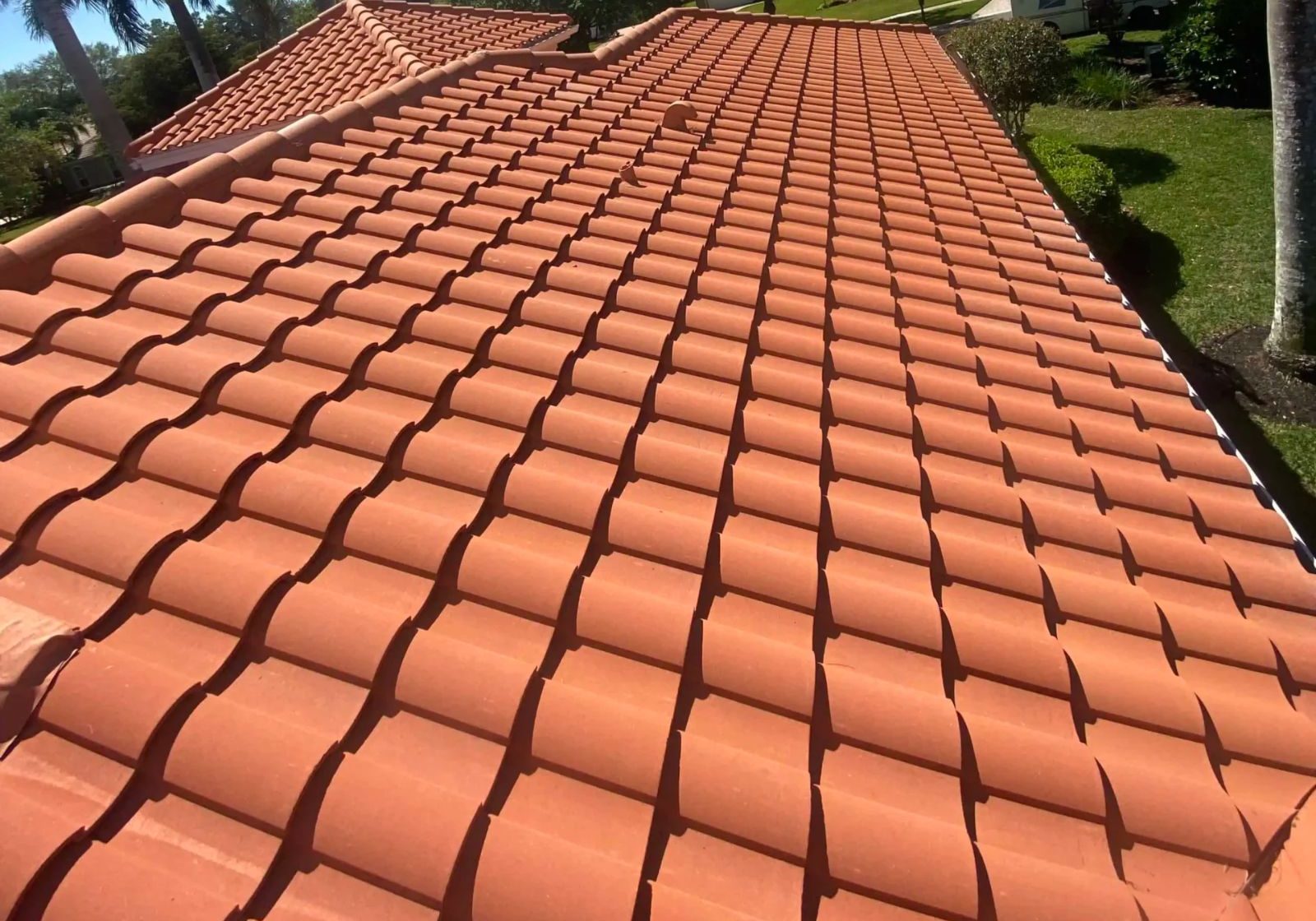 Wide view of a terracotta clay tile roof with evenly aligned rows, ridge caps, and surrounding palm trees in a residential neighborhood.
